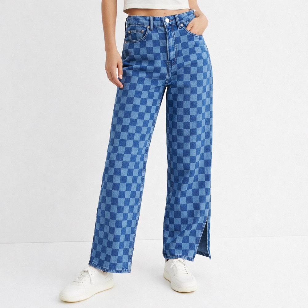 H&M - Checkerboard Straight Leg Jeans - Blue - Size: 0